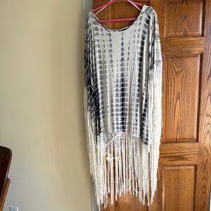 Gray and White Tie-Dye Fringe Poncho